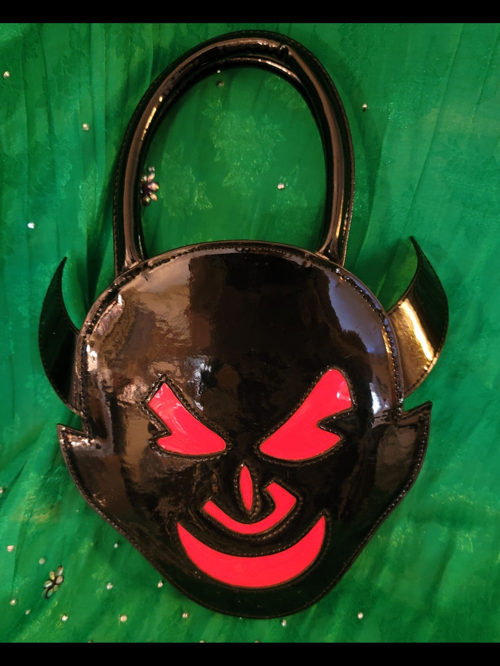 Black Patent Devil Face Mini Purse with Red Accents
